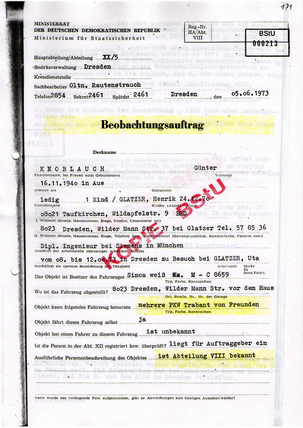G�nter Knoblauch - Beobachtungsauftrag des MfS